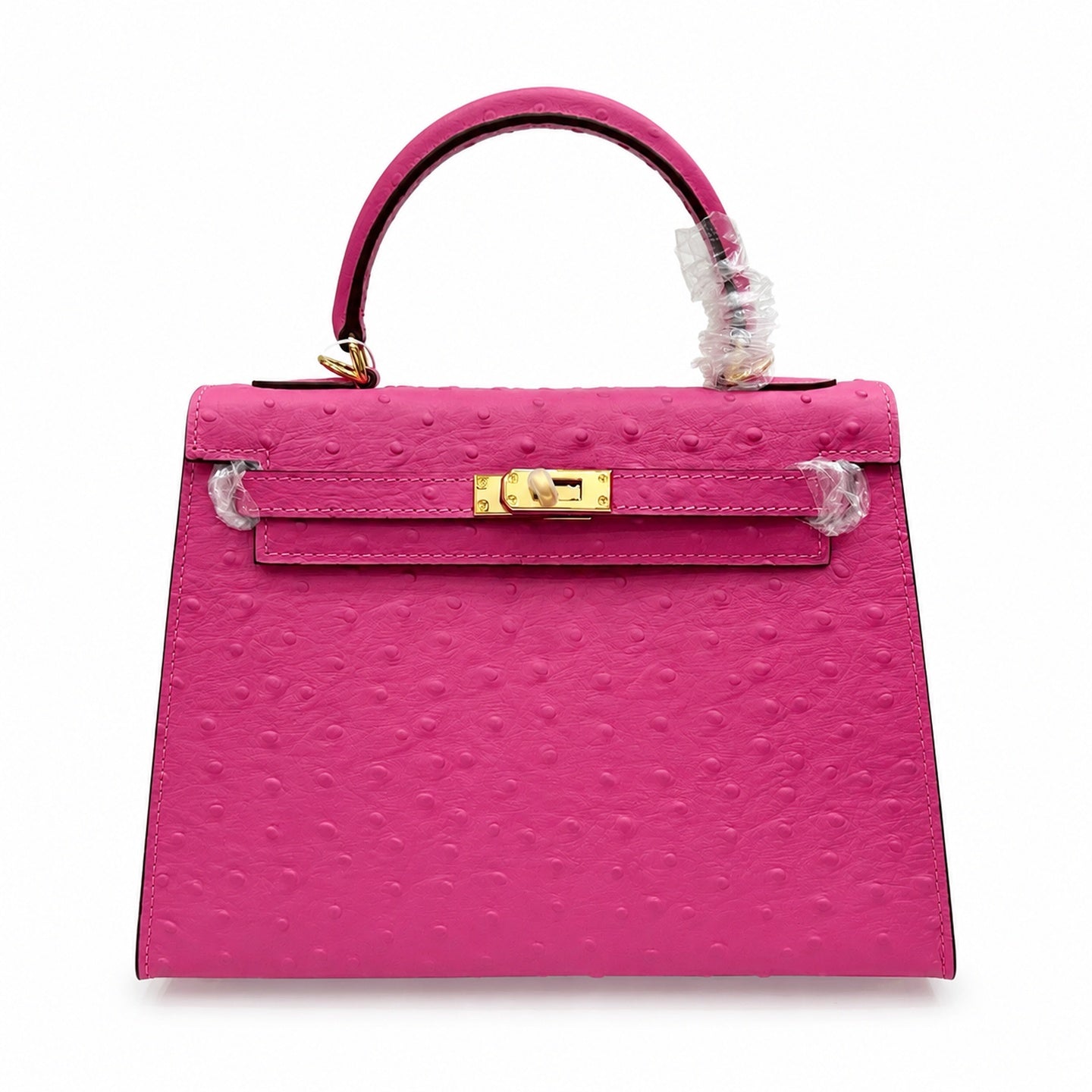 Kelly Sellier 25cm Rose Tyrien Ostrich Gold Hardware Designer Crossbody Tote