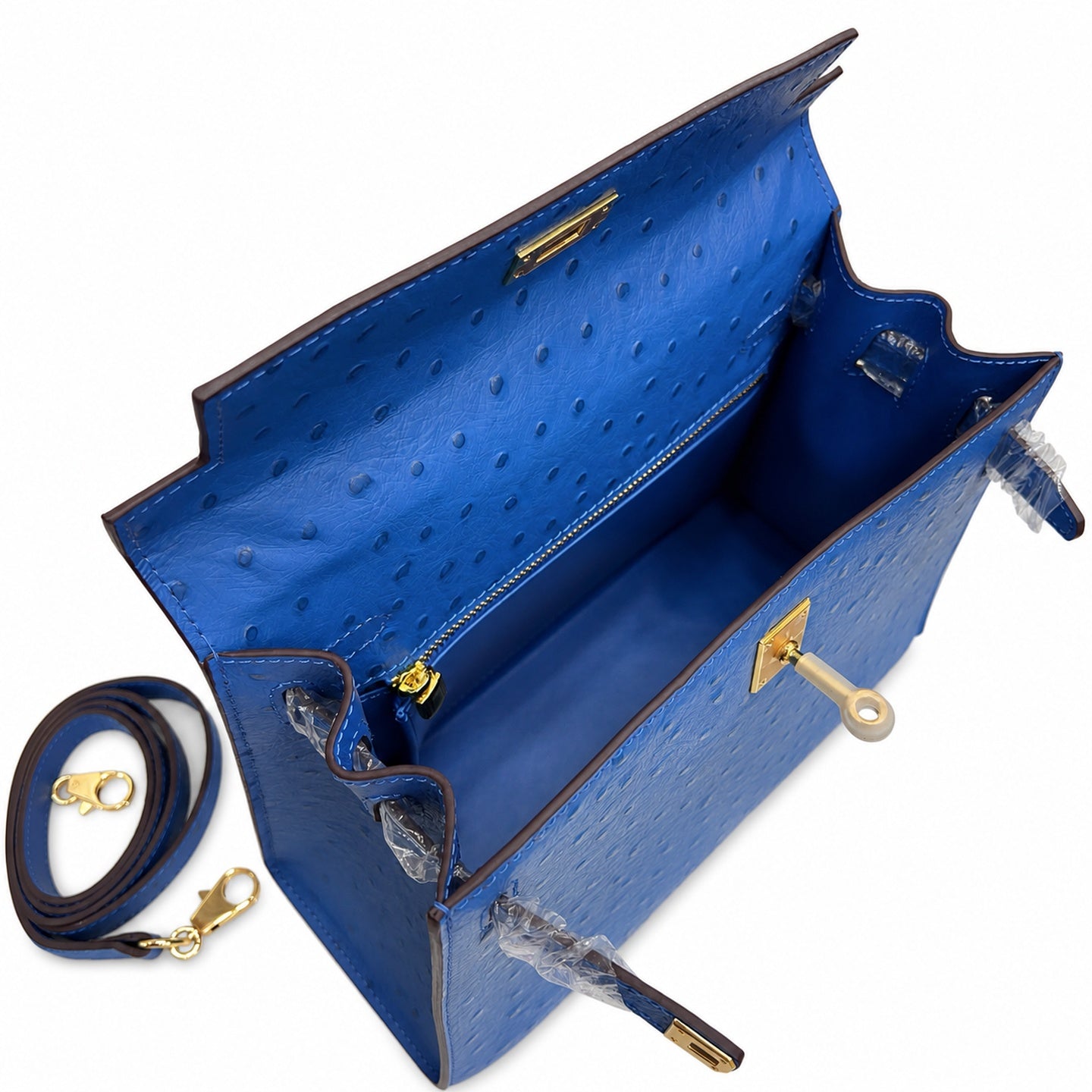 Kelly Sellier 25cm Bleu Electrique Ostrich Gold Hardware Premium Crossbody Purse