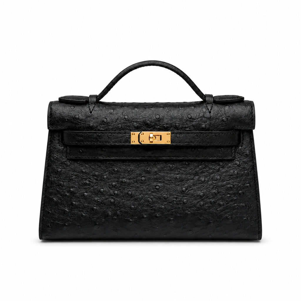 Mini Kelly Sellier 22cm Noir Ostrich Leather Gold Hardware Women Mini Handbag