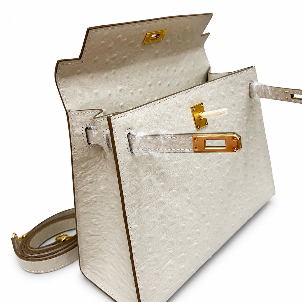 Kelly Sellier 25cm Craie Ostrich Gold Hardware Premium Women Shoulder Purse