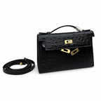 Mini Kelly Sellier 22cm Noir Ostrich Leather Gold Hardware Women Mini Handbag