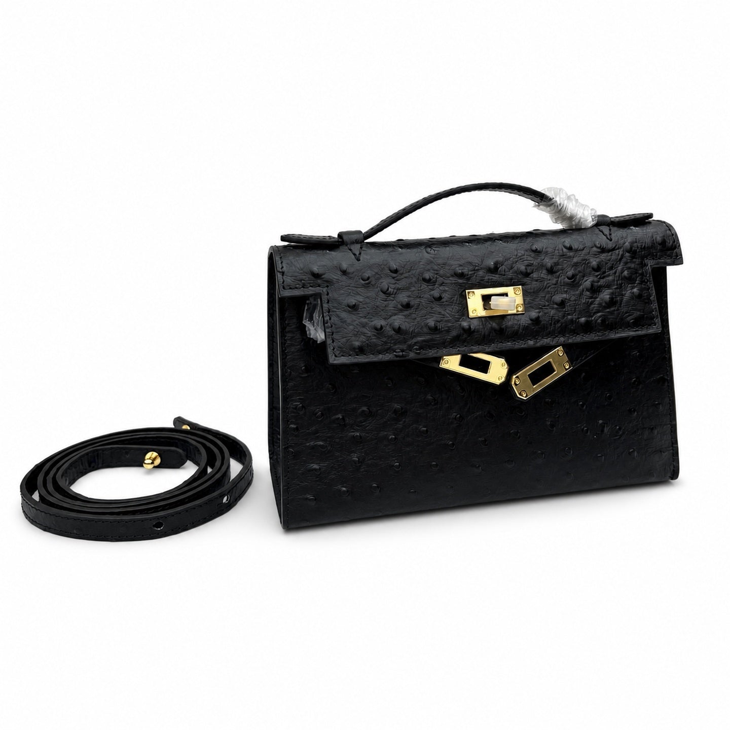 Mini Kelly Sellier 22cm Noir Ostrich Leather Gold Hardware Women Mini Handbag