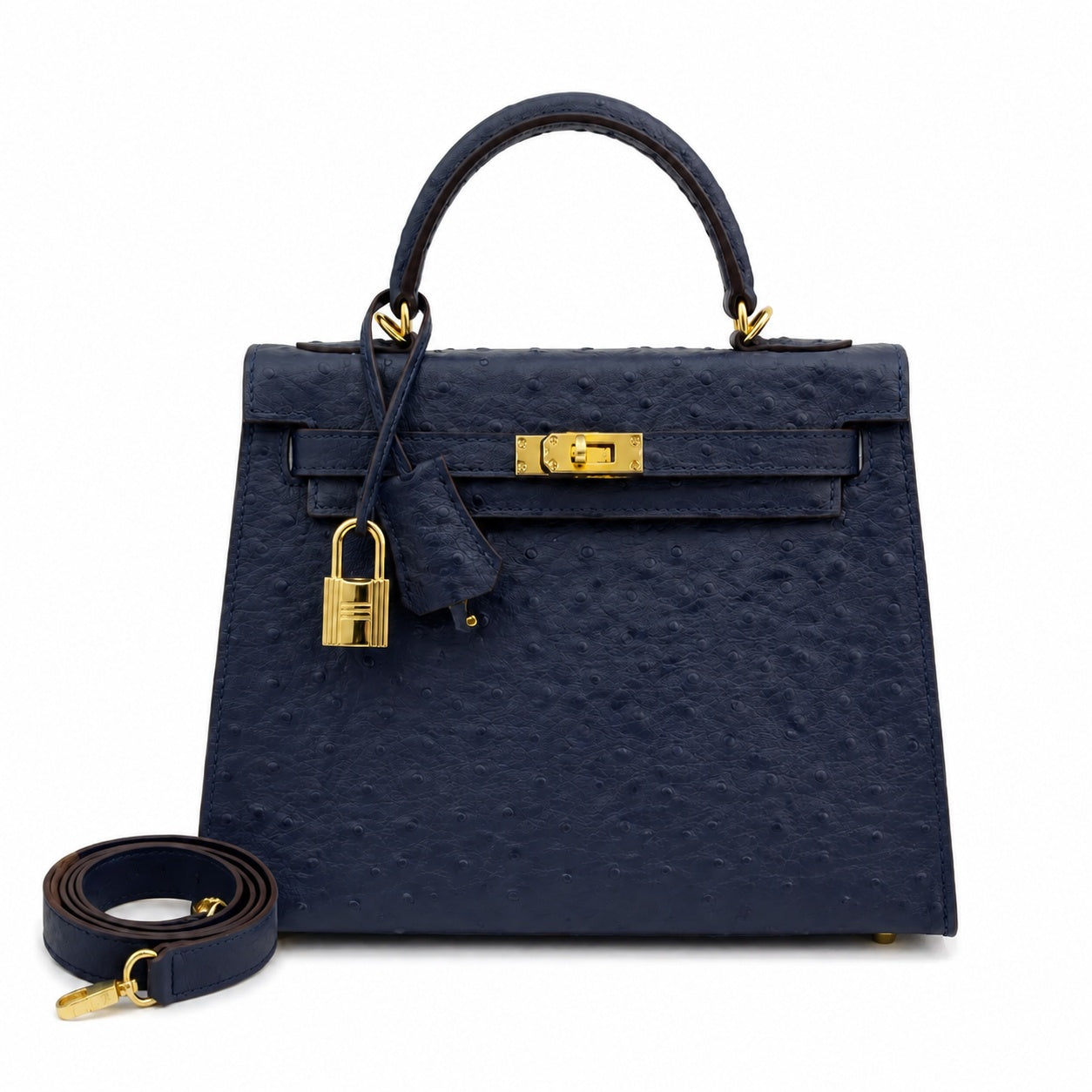 elly Sellier 25cm Bleu Nuit Ostrich Gold Hardware Luxury Commute Handbag