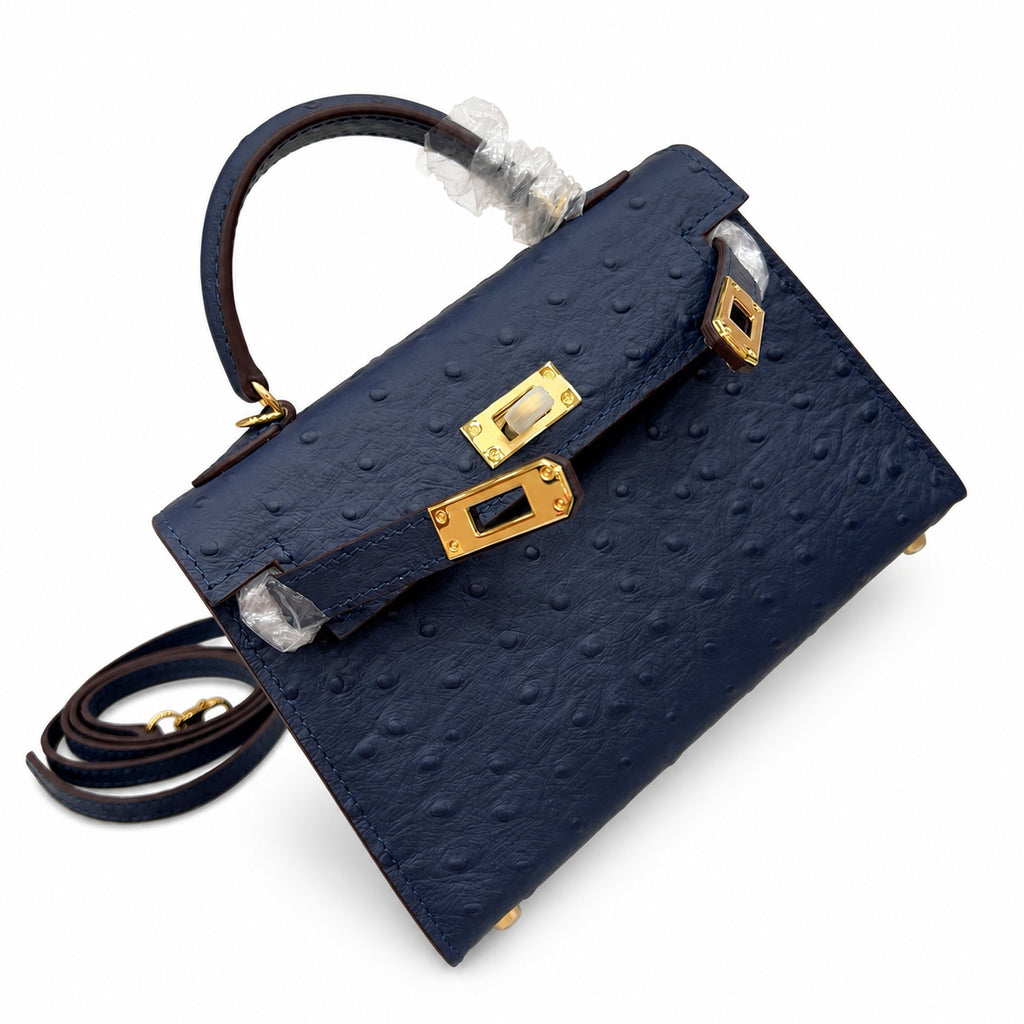 Mini Kelly Sellier 19cm Bleu Nuit Ostrich Leather Gold Hardware Women Mini Handbag