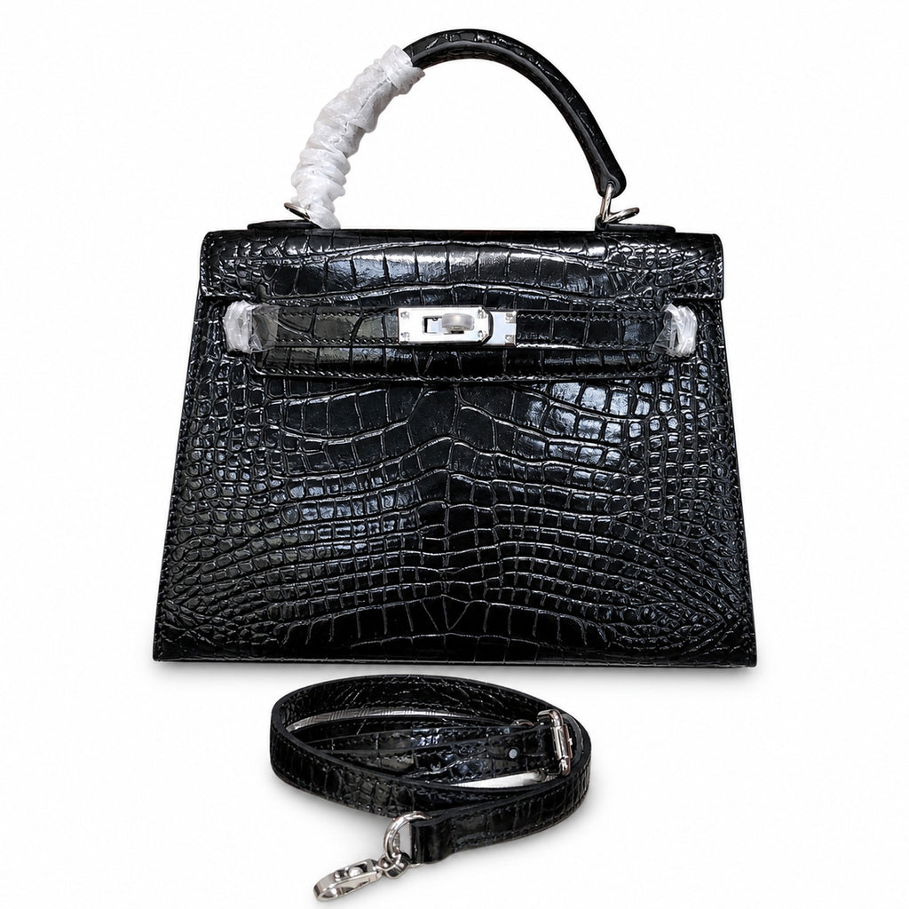 Kelly Sellier 22cm Noir Shiny Crocodile Leather Gold Hardware & Palladium Hardware Women Handbag