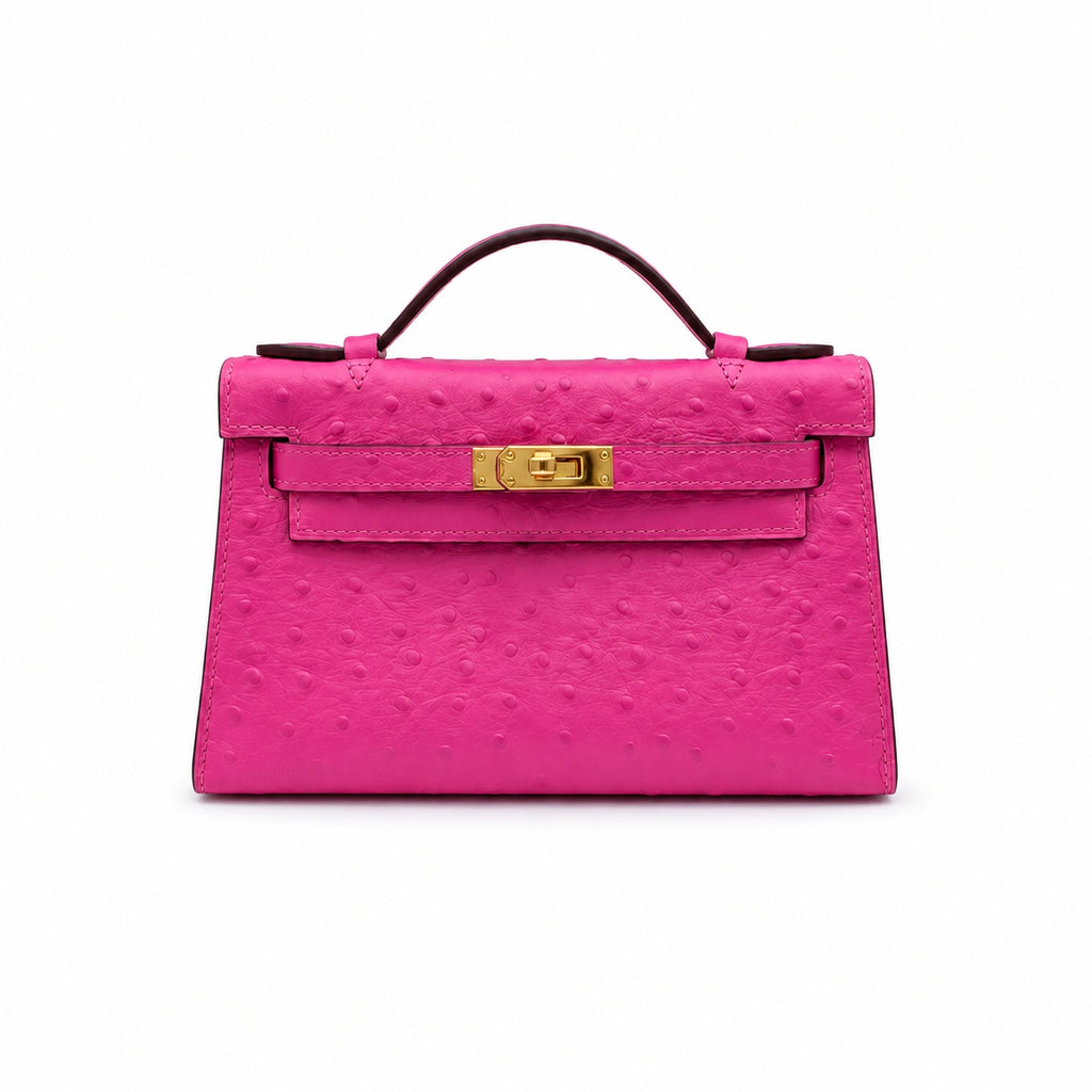 Mini Kelly Sellier 22cm Rose Tyrien Ostrich Leather Gold Hardware Women Mini Handbag