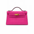 Mini Kelly Sellier 22cm Rose Tyrien Ostrich Leather Gold Hardware Women Mini Handbag