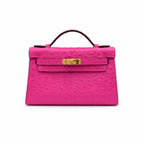 Mini Kelly Sellier 22cm Rose Tyrien Ostrich Leather Gold Hardware Women Mini Handbag