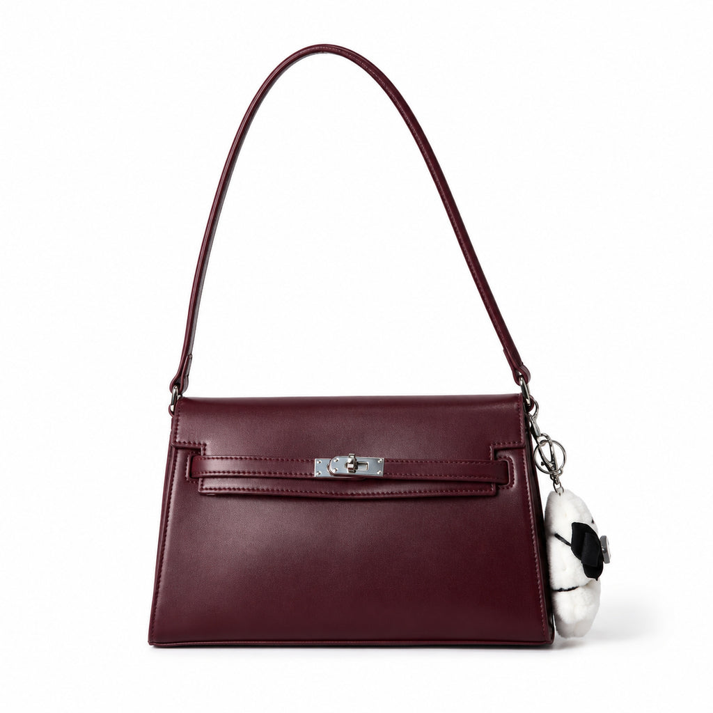 Kelly Elan 25 Underarm Baguette Bag, Genuine Top Layer Cowhide Goat Grain Leather, SilverHardware Vintage Wine Red Shoulder Handbag, Elegant Luxury Quiet Glam Daily Purse Size 25×6.5×15cm