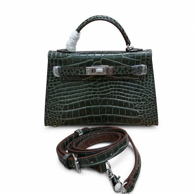 Kelly Sellier 19cm Gris Elephant Shiny Crocodile Leather Gold Hardware & Palladium Hardware Women Handbag