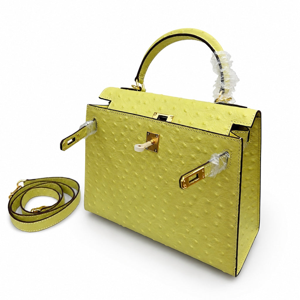 Kelly Sellier 25cm Jaune Poussin Ostrich Gold Hardware Designer Women Shoulder Handbag