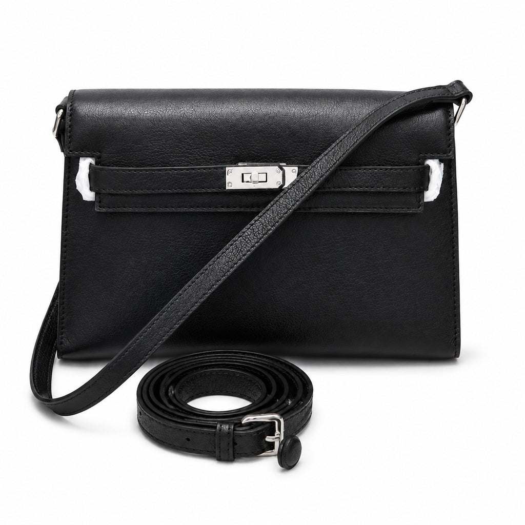 Kelly Elan 25 Underarm Baguette Bag, Genuine Top Layer Cowhide Goat Grain Leather, Silver Hardware Black Unisex Shoulder Purse, Multiway Crossbody Handheld Daily Bag, High Practical Daily Bag Size 25×6.5×15cm