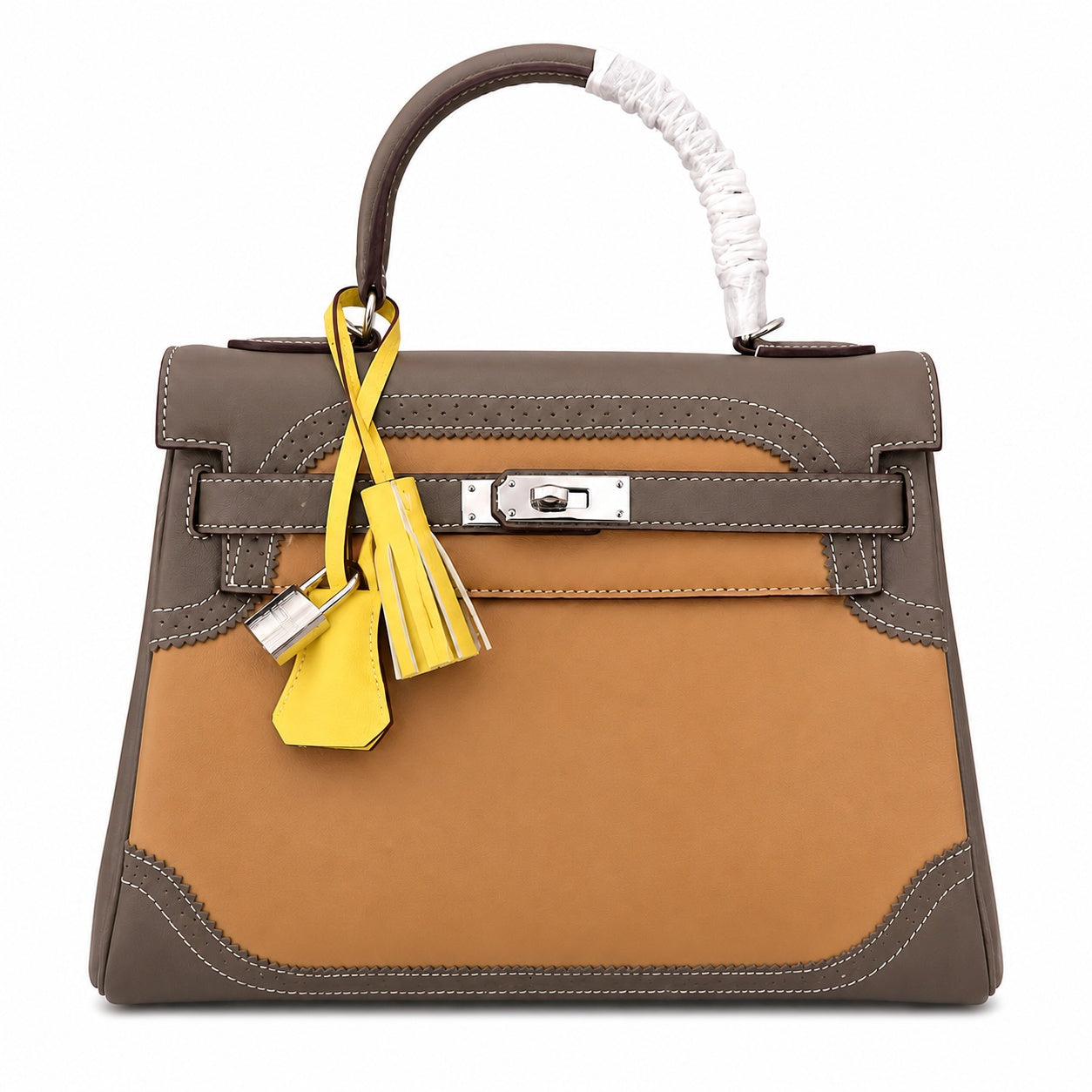 Kelly Sellier Ghillies 28cm Beige Poussière & Marron Foncé Barenia Leather Palladium Hardware Women Handbag