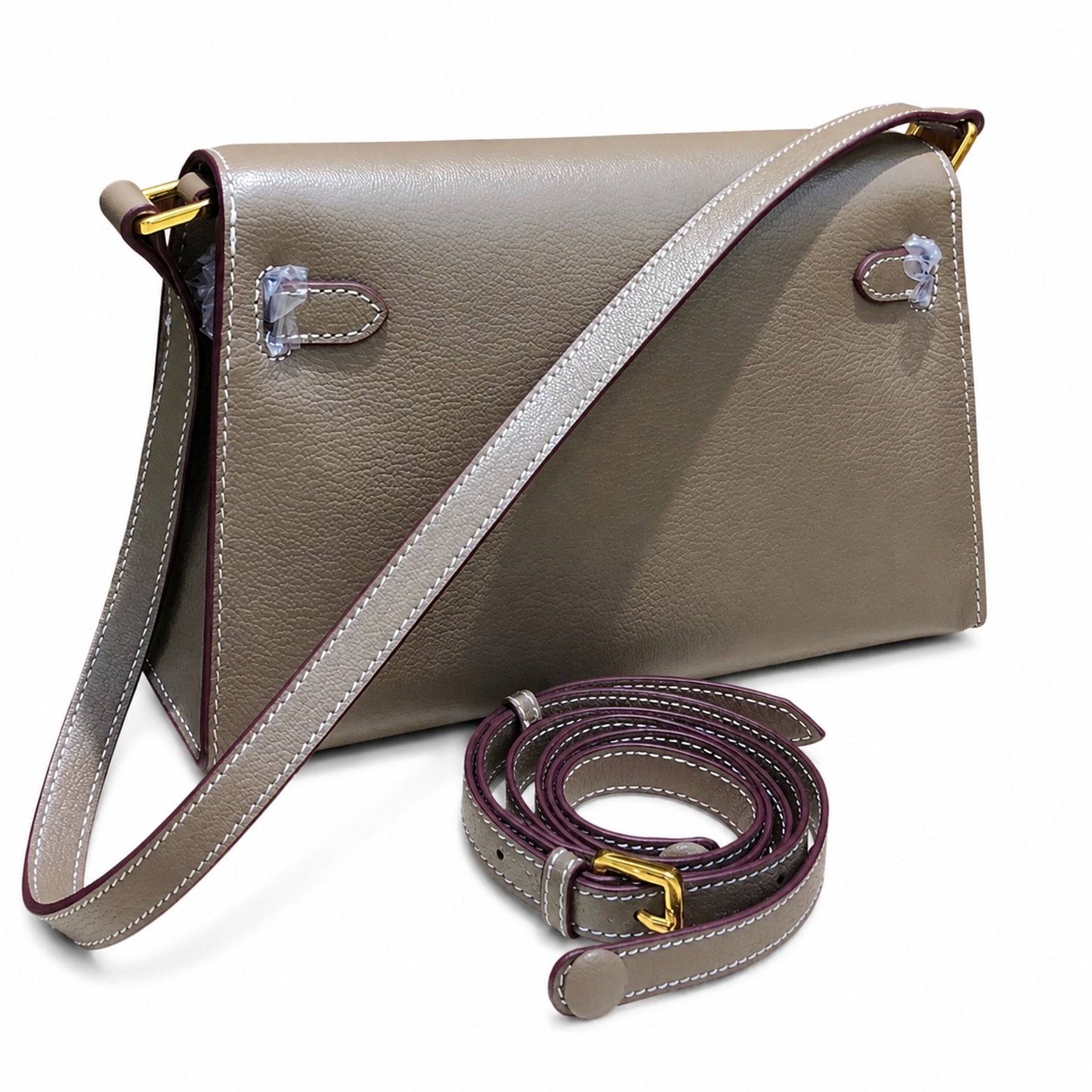 Kelly Elan 25 Genuine Goat Grain Top Layer Cowhide Shoulder Bag, Gold Hardware Neutral Khaki Faux Kelly Baguette Underarm Bag, 25×6.5×15cm Elegant Commute Handbag for Women All Season Match