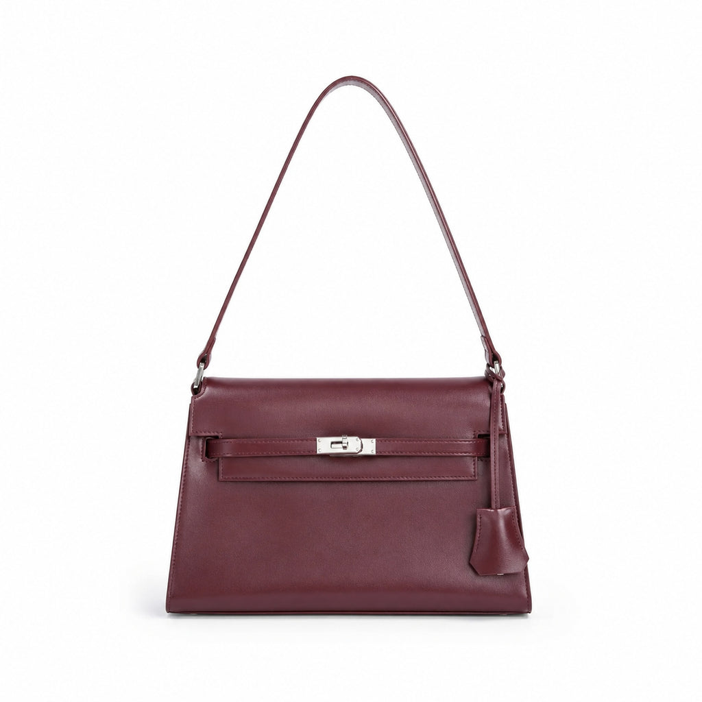 Kelly Elan 25 Underarm Baguette Bag, Genuine Top Layer Cowhide Goat Grain Leather, SilverHardware Vintage Wine Red Shoulder Handbag, Elegant Luxury Quiet Glam Daily Purse Size 25×6.5×15cm