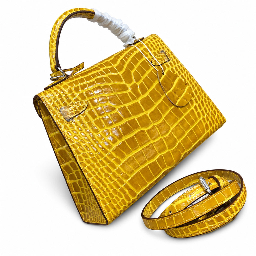 Kelly Sellier 22cm Jaune Ambre Shiny Crocodile Leather Gold Hardware & Palladium Hardware Women Handbag