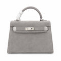 Kelly Sellier 22cm Gris Asphalte Suede Leather Palladium Hardware Women Handbag