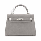 Kelly Sellier 22cm Gris Asphalte Suede Leather Palladium Hardware Women Handbag