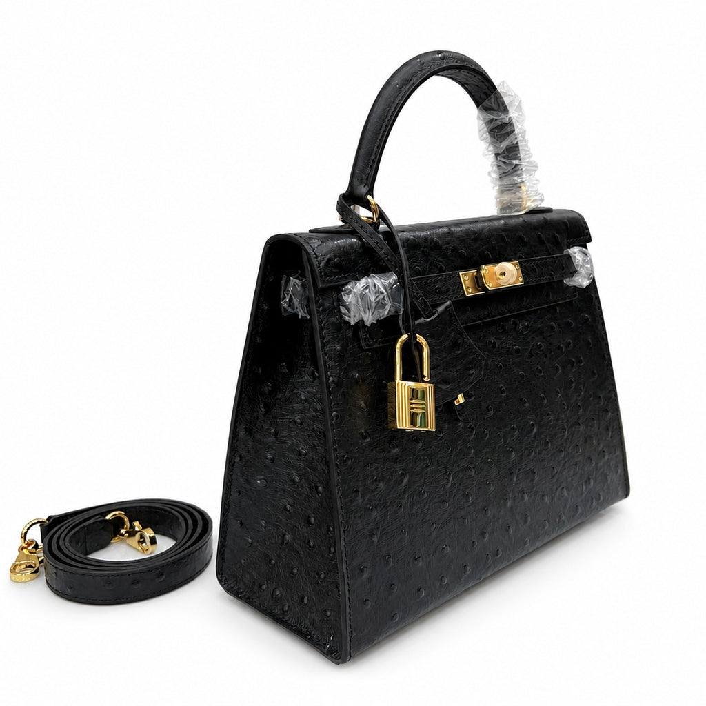 Kelly Sellier 25cm Noir Black Ostrich Gold Hardware Designer Shoulder Tote