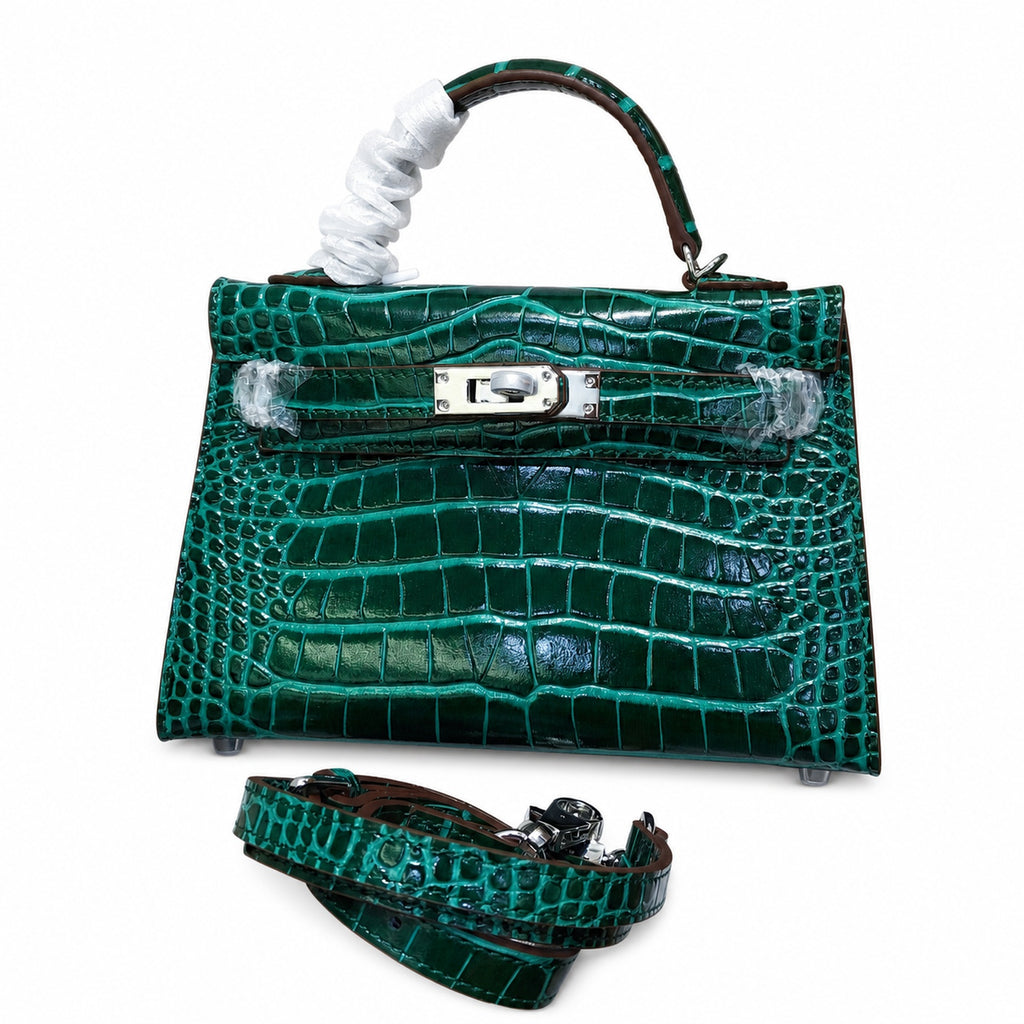 Kelly Sellier 19cm Vert Emeraude Shiny Crocodile Leather Gold Hardware & Palladium Hardware Women Handbag