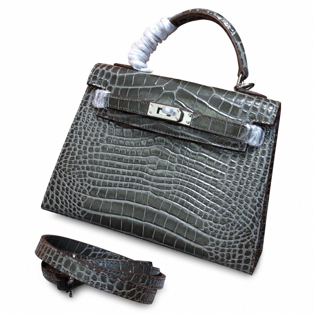 Kelly Sellier 22 Étoupe Shiny Alligator Silver Hardware