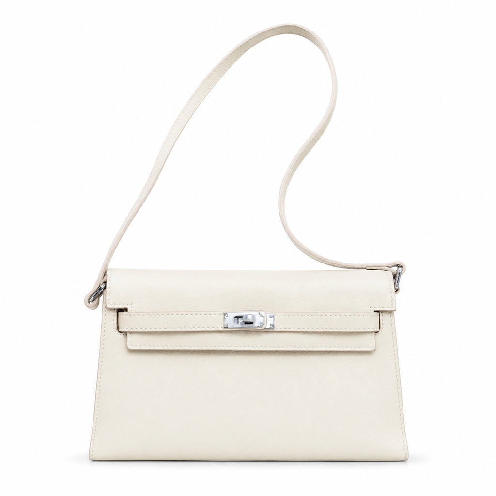 Kelly Elan 25 Underarm Baguette Bag, Genuine Top Layer Cowhide Goat Grain Leather, Silver Hardware Off White Shoulder Handbag, Youthful Elegant Goddess Daily Purse Size 25×6.5×15cm