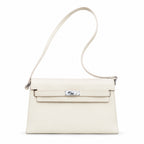 Kelly Elan 25 Underarm Baguette Bag, Genuine Top Layer Cowhide Goat Grain Leather, Silver Hardware Off White Shoulder Handbag, Youthful Elegant Goddess Daily Purse Size 25×6.5×15cm