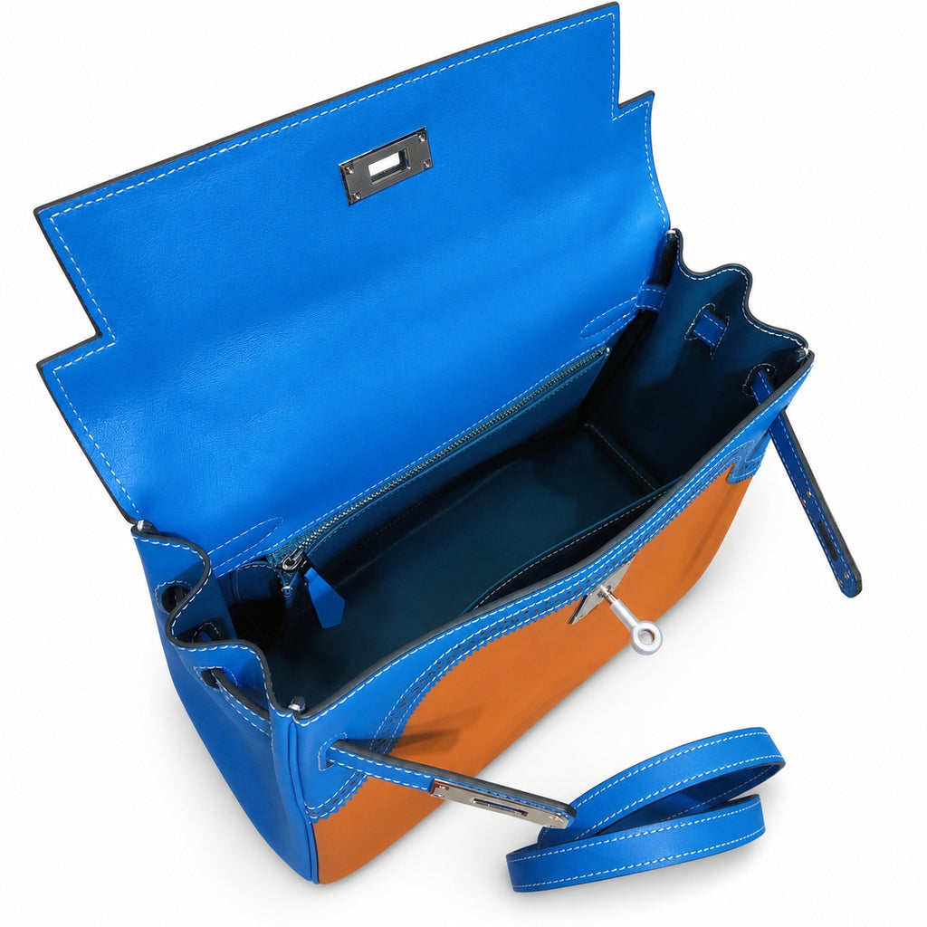 Kelly Sellier Ghillies 28cm Bleu Izmir & Natural Sable Barenia Leather Palladium Hardware Women Handbag