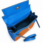 Kelly Sellier Ghillies 28cm Bleu Izmir & Natural Sable Barenia Leather Palladium Hardware Women Handbag