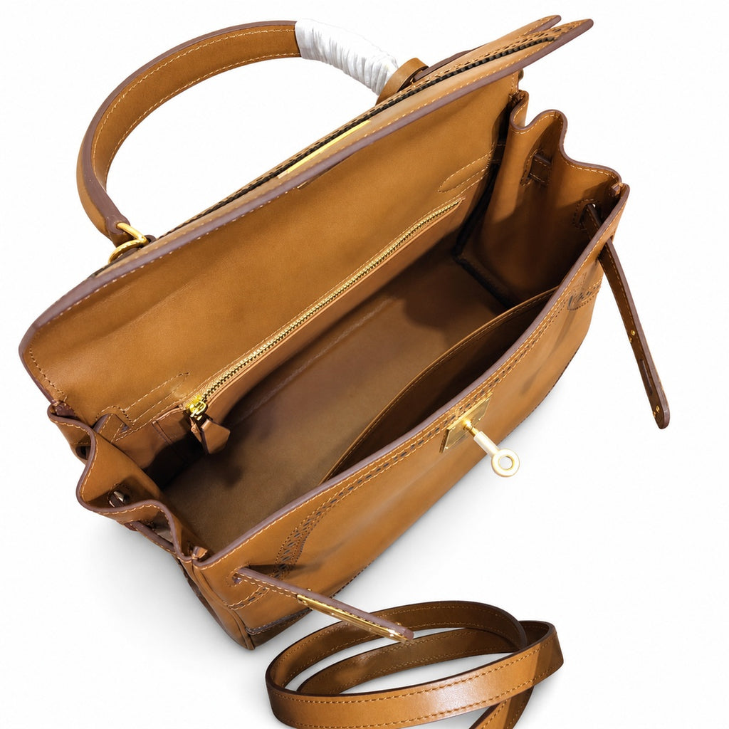 Kelly Sellier Ghillies 28cm Natural Sable Barenia Leather Gold Hardware Women Handbag