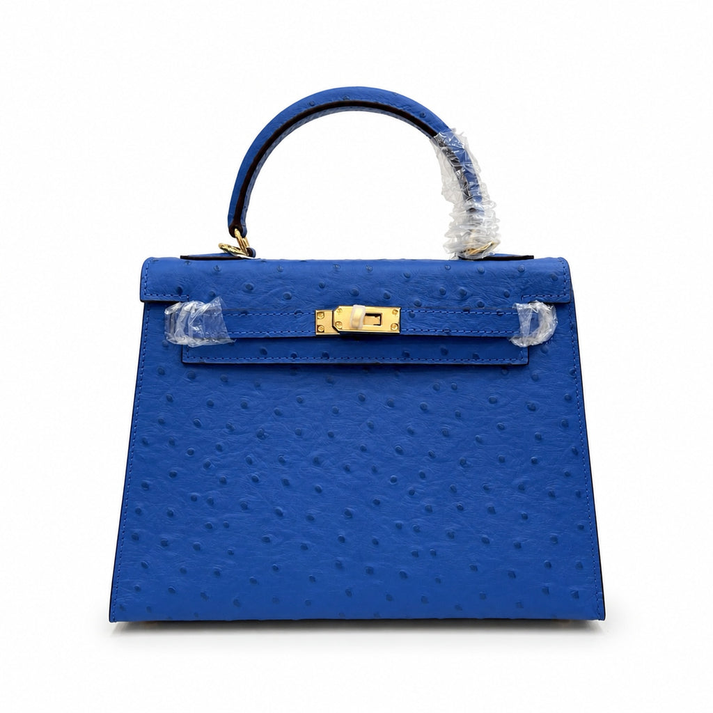 Kelly Sellier 25cm Bleu Electrique Ostrich Gold Hardware Premium Crossbody Purse