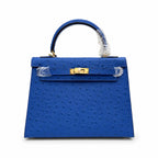 Kelly Sellier 25cm Bleu Electrique Ostrich Gold Hardware Premium Crossbody Purse