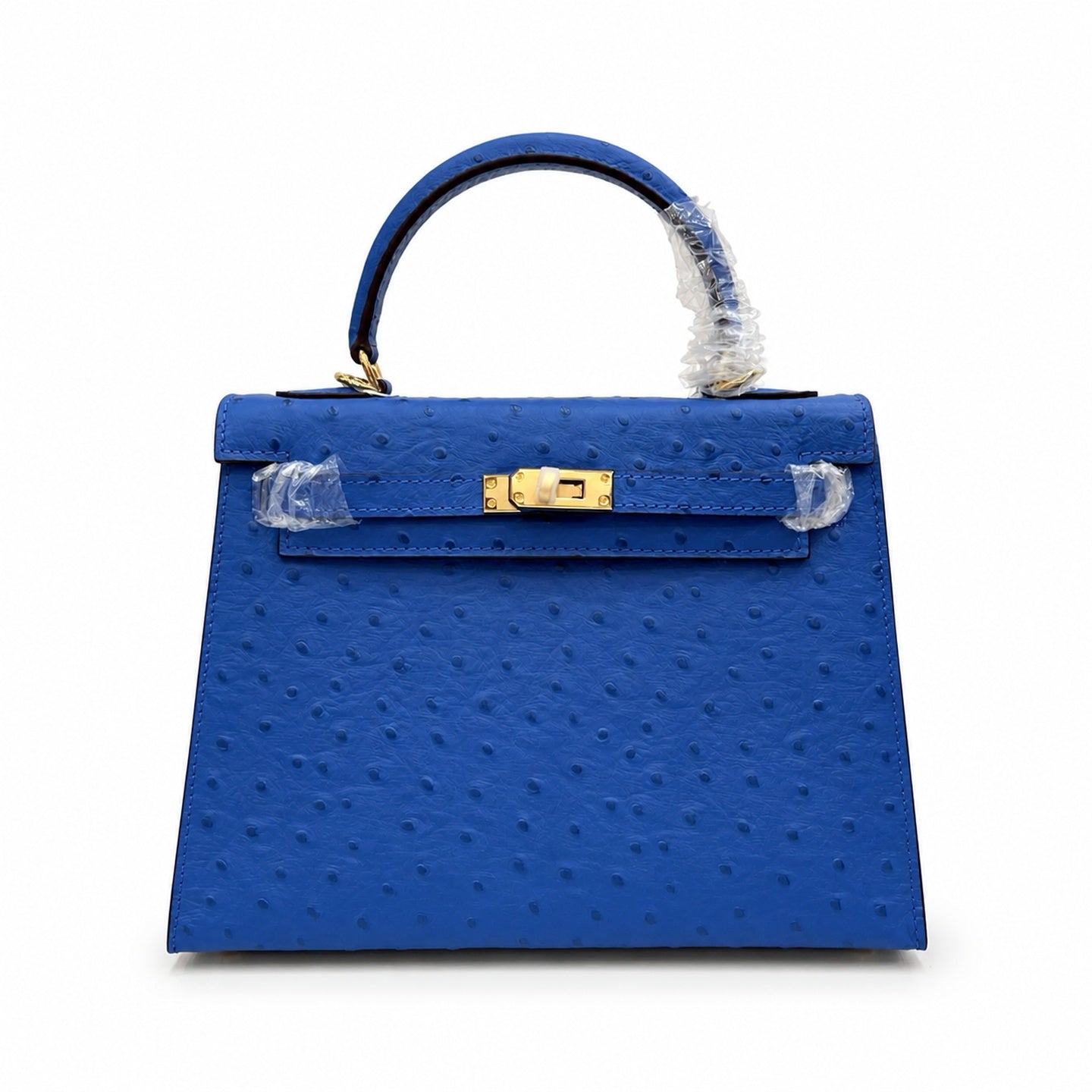 Kelly Sellier 25cm Bleu Electrique Ostrich Gold Hardware Premium Crossbody Purse
