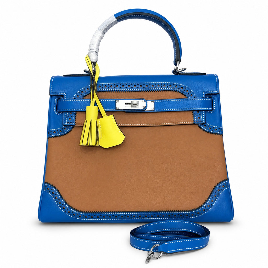 Kelly Sellier Ghillies 28cm Bleu Izmir & Natural Sable Barenia Leather Palladium Hardware Women Handbag