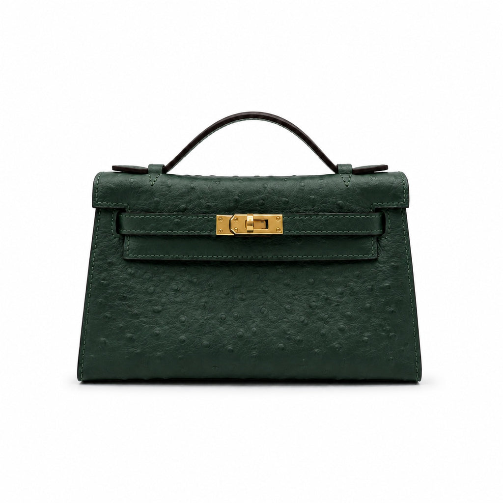Mini Kelly II Sellier 19cm & 22cm Vert Fonce Ostrich Leather Gold Hardware Women Mini Handbag