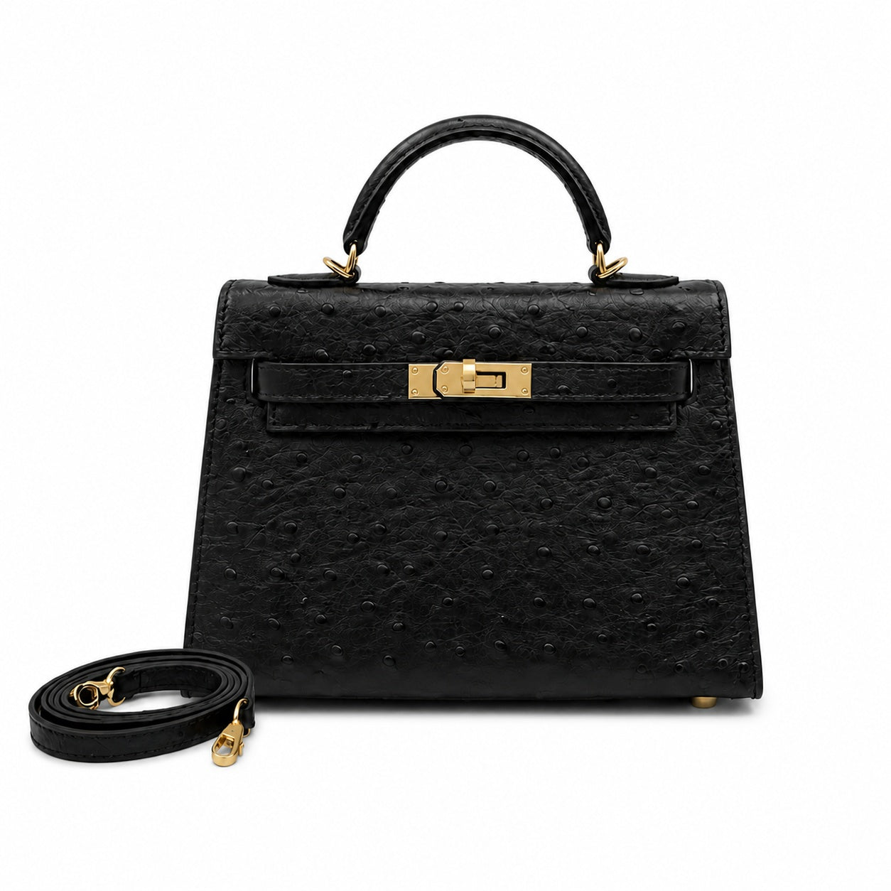 Mini Kelly Sellier 19cm Noir Ostrich Leather Gold Hardware Women Mini Handbag