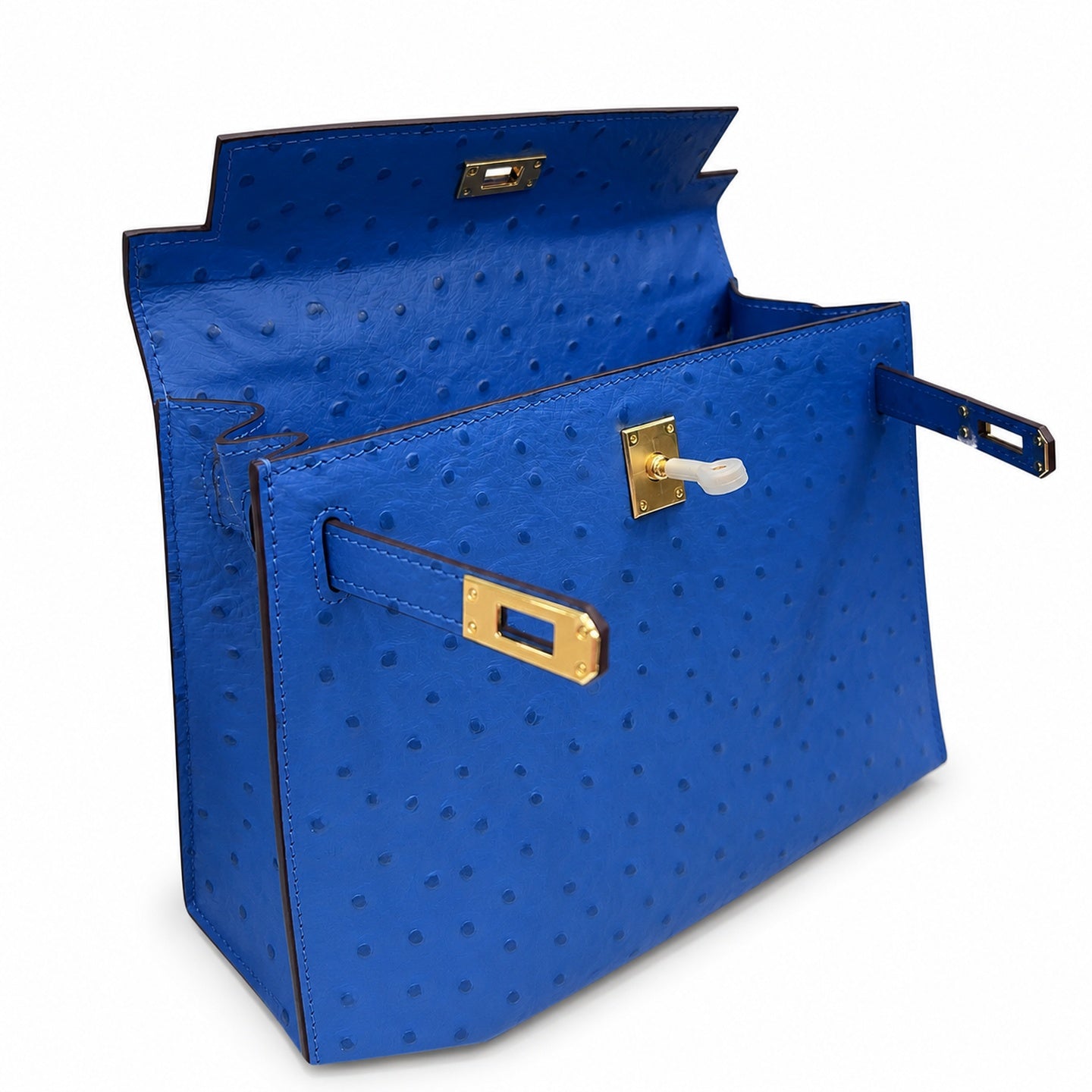 Kelly Sellier 25cm Bleu Electrique Ostrich Gold Hardware Premium Crossbody Purse