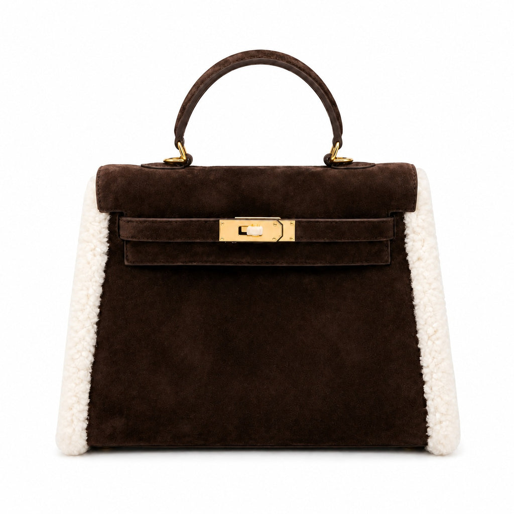 Kelly Sellier 28cm Ebene Suede Leather Gold Hardware Commute Shoulder Handbag