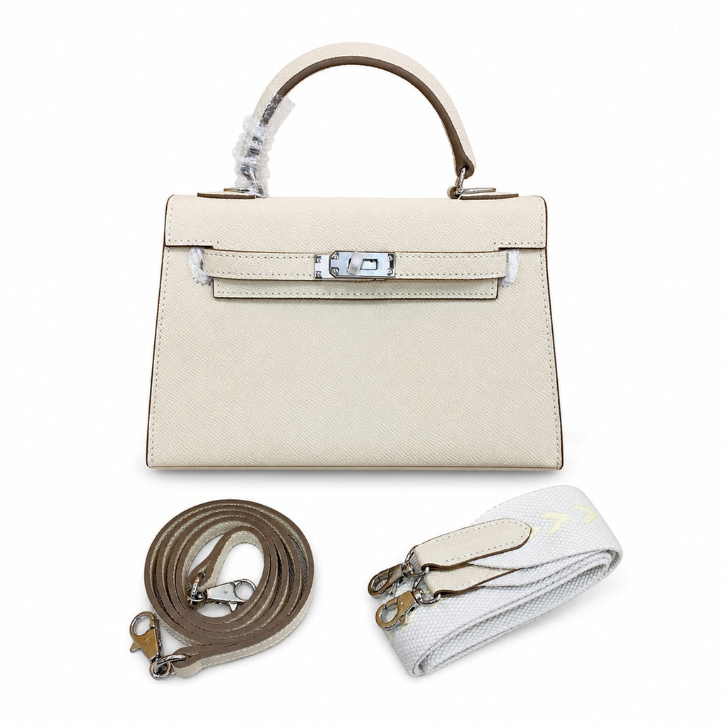 Mini Kelly II Sellier 19cm & 22cm Craie Epsom Leather Palladium Hardware Women Mini Handba