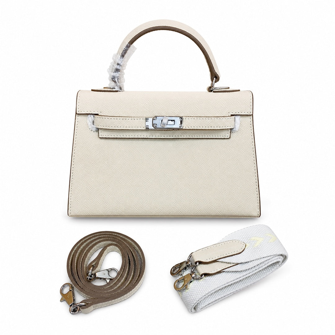 Mini Kelly II Sellier 19cm & 22cm Craie Epsom Leather Palladium Hardware Women Mini Handba