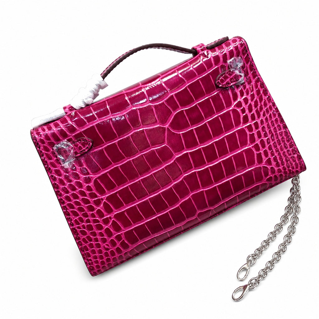 Kelly Pochette Fuchsia Shiny Niloticus Crocodile Leather Palladium Hardware Women Clutch Bag