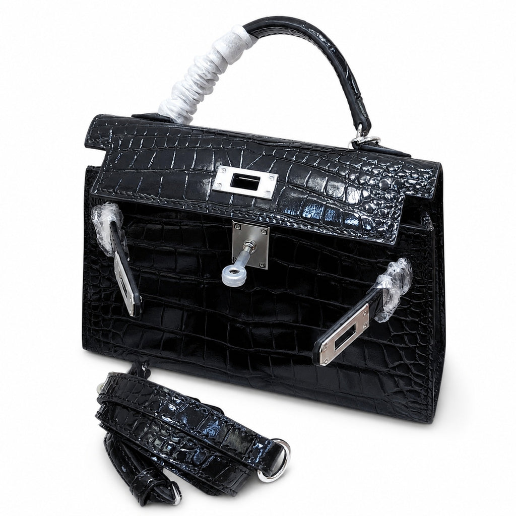 Kelly Sellier 19cm Noir Shiny Crocodile Leather Gold Hardware & Palladium Hardware Women Handbag