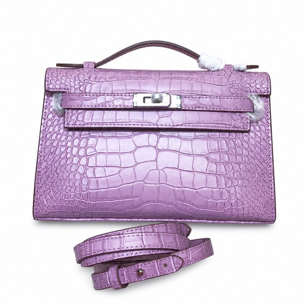 Kelly Pochette Lilac Shiny Niloticus Crocodile Leather Palladium Hardware Women Clutch Bag