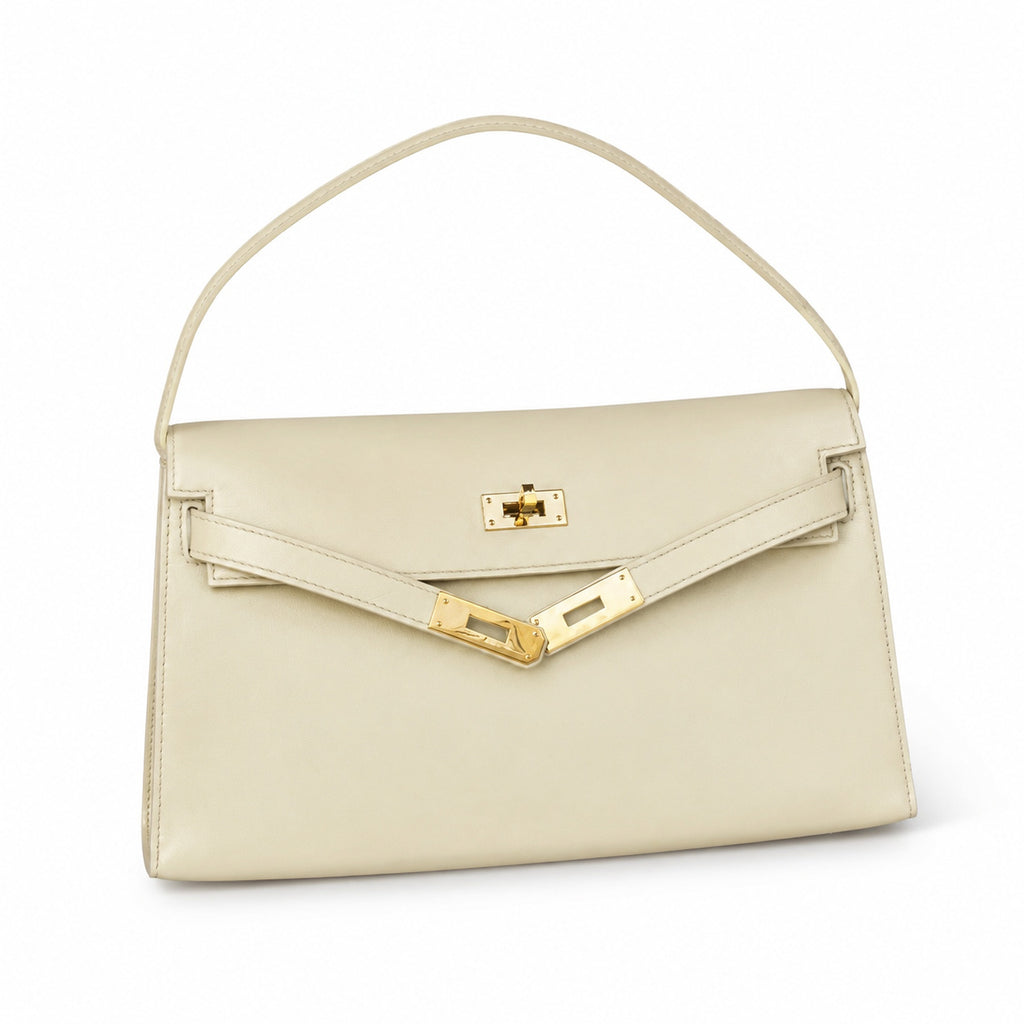 Kelly Elan 25 Underarm Baguette Bag, Genuine Top Layer Cowhide with Goat Grain, Gold Hardware Minimalist Off White Shoulder Handbag, Size 25×6.5×15cm Elegant Soft Tone Daily Purse for Women