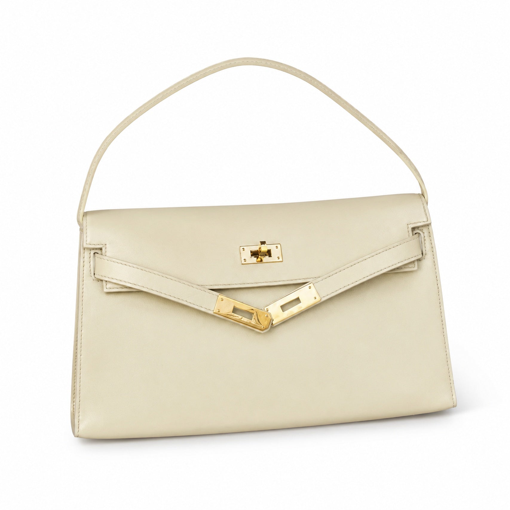 Kelly Elan 25 Underarm Baguette Bag, Genuine Top Layer Cowhide with Goat Grain, Gold Hardware Minimalist Off White Shoulder Handbag, Size 25×6.5×15cm Elegant Soft Tone Daily Purse for Women