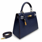 elly Sellier 25cm Bleu Nuit Ostrich Gold Hardware Luxury Commute Handbag