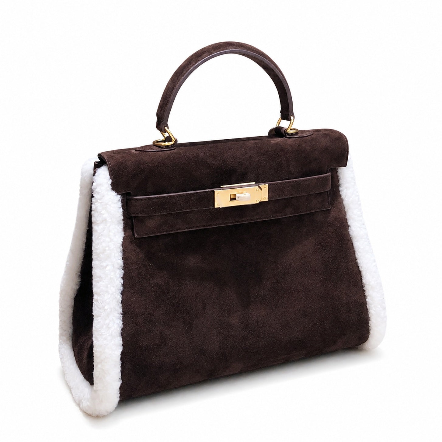 Kelly Sellier 28cm Ebene Suede Leather Gold Hardware Commute Shoulder Handbag
