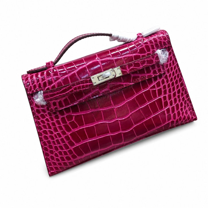 Kelly Pochette Fuchsia Shiny Niloticus Crocodile Leather Palladium Hardware Women Clutch Bag