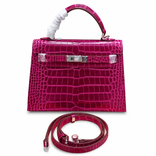 Kelly Sellier 22cm  Fuchsia Shiny Crocodile Leather Gold Hardware & Palladium Hardware Women Handbag