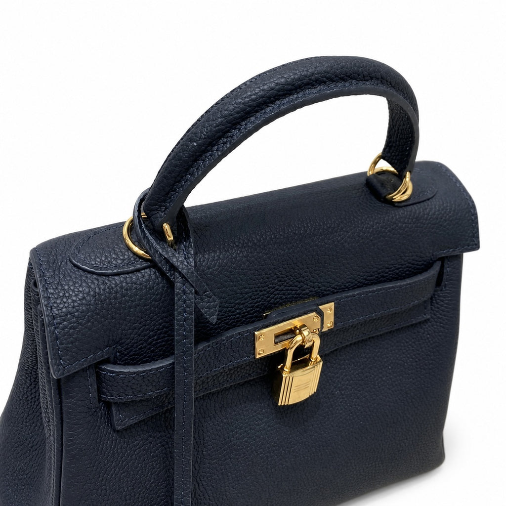Kelly Sellier 20cm & 25cm & 28cm Bleu Nuit Togo Leather Gold Hardware Women Handbag